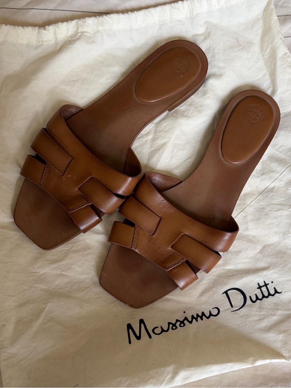 Massimo Dutti Cognac Brown Leather Slide Mules